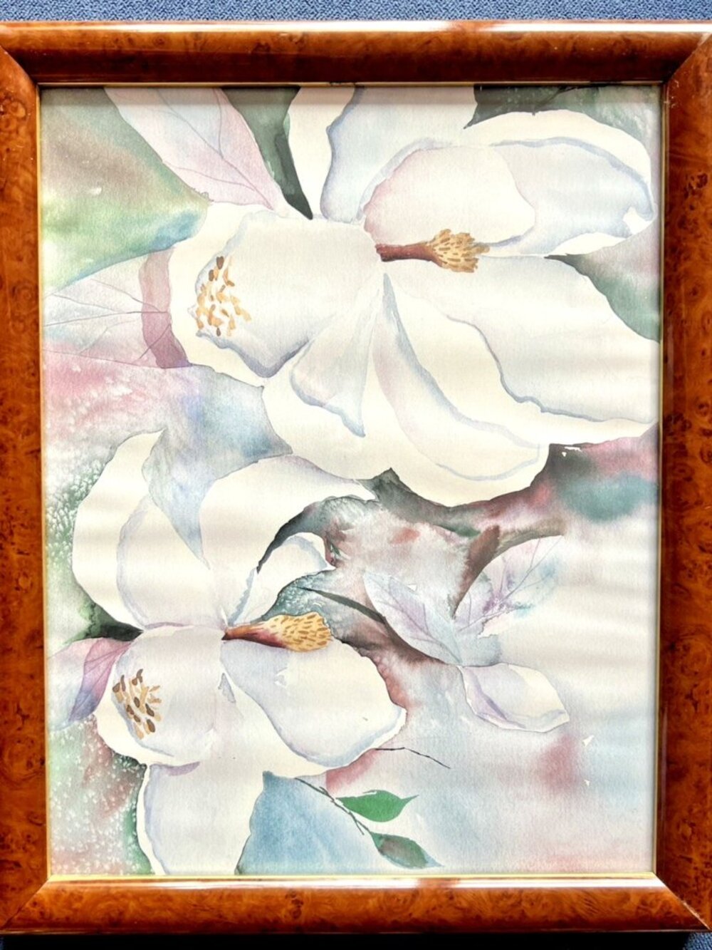 MAGNOLIA Watercolor ART Framed Burled Wood 16.5" x 12.5" Purple White Botanical